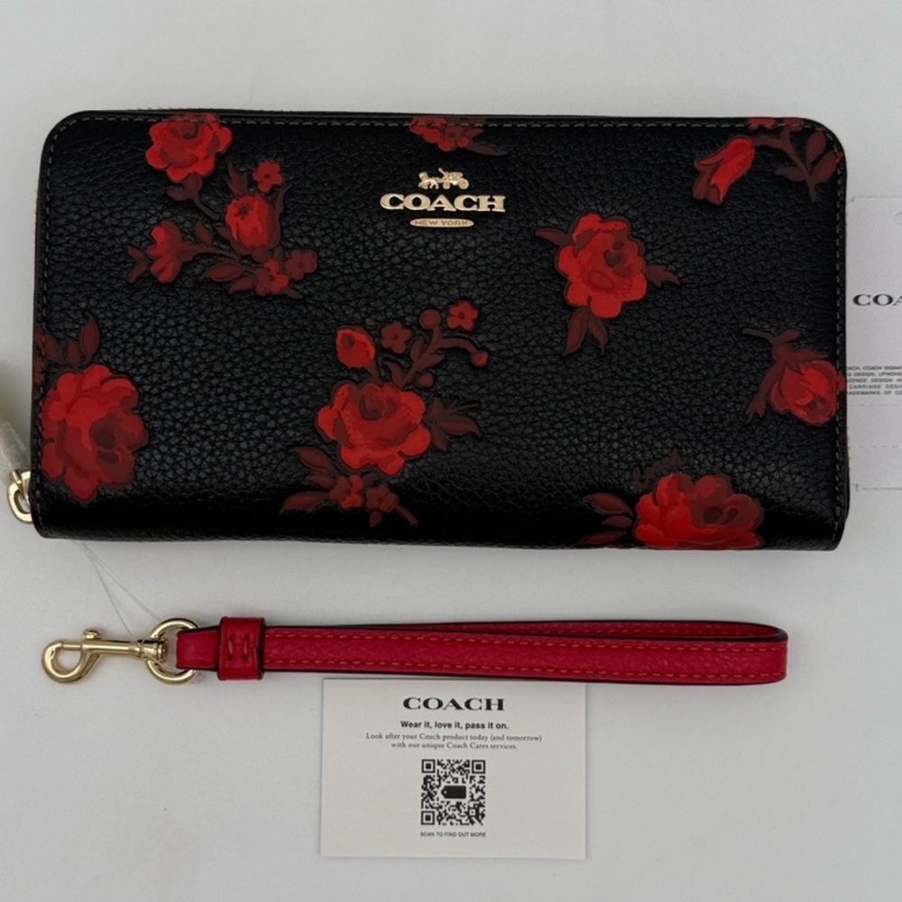 Coach genuine soft pebbled leather Black,Red Floral,Rose,zip Wallet gold logo